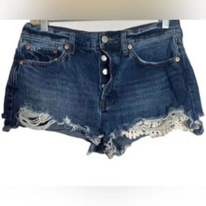 Free People We The Free cut off embroidered lace blue button fly jean shorts